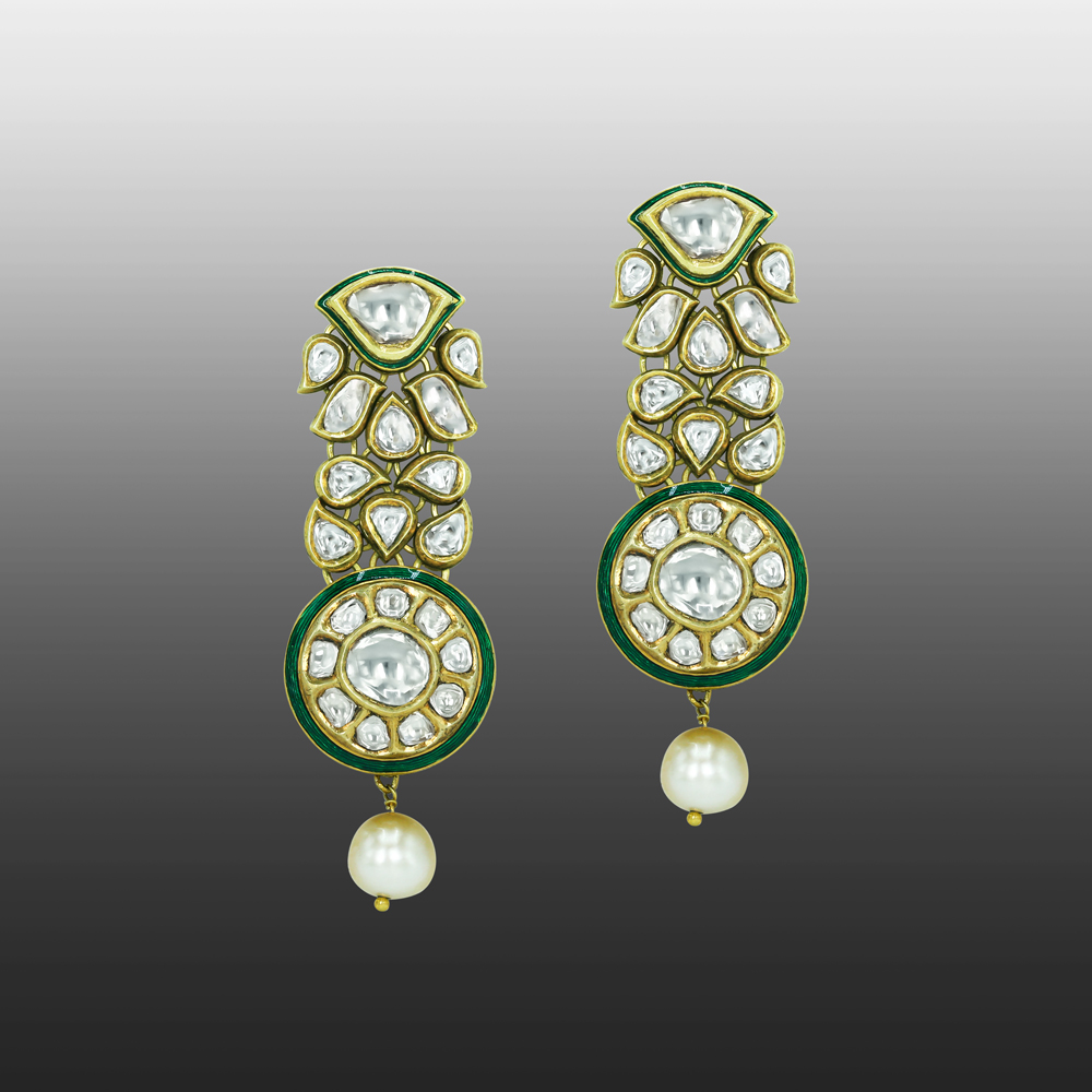 Polki Earrings with Green Enamel Work and Pearl Drop